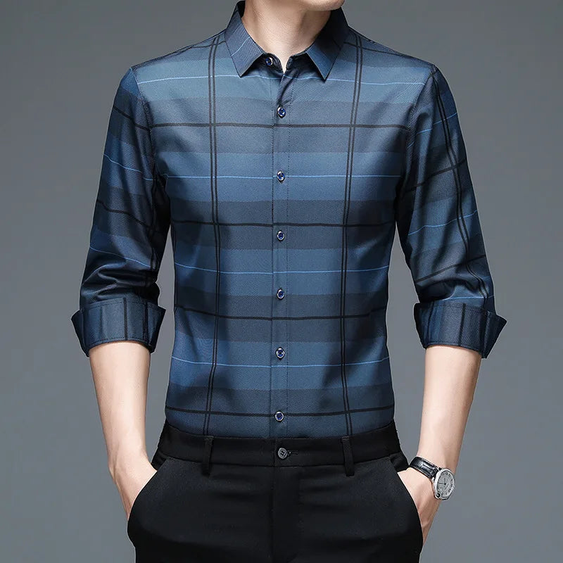 Spring Autumn Plaid Polo Shirt Men's Long Sleeve