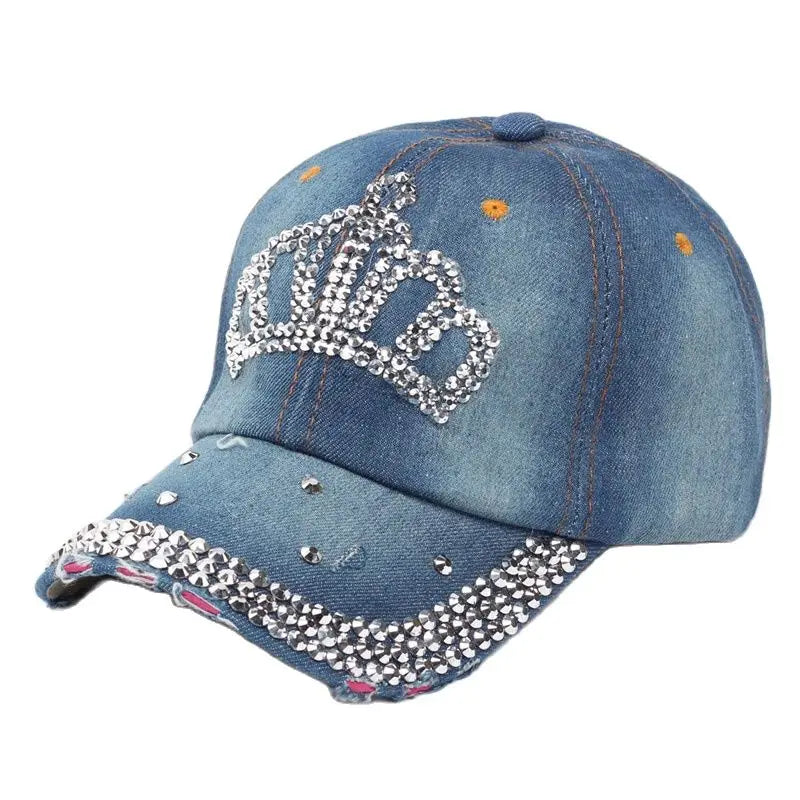Women Bling Tiara Distressed Denim Baseball Cap Rhinestones