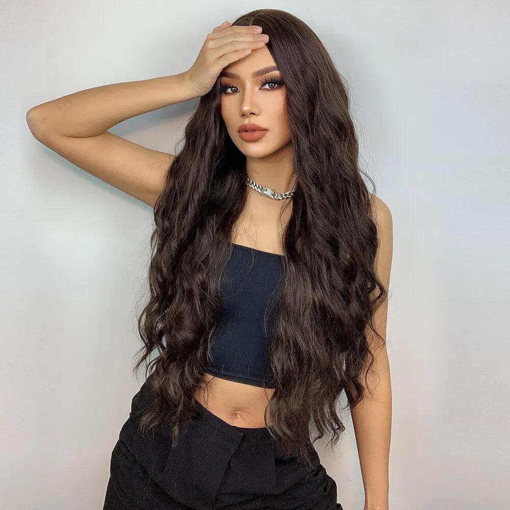 HAIRCUBE Long Brown Curly Wavy Wig for Women