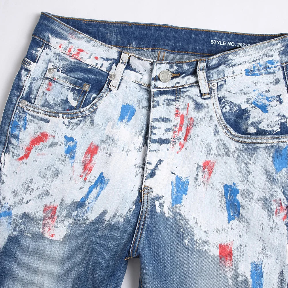 Men's Painted Button Fly Denim Jeans Streetwear Blue