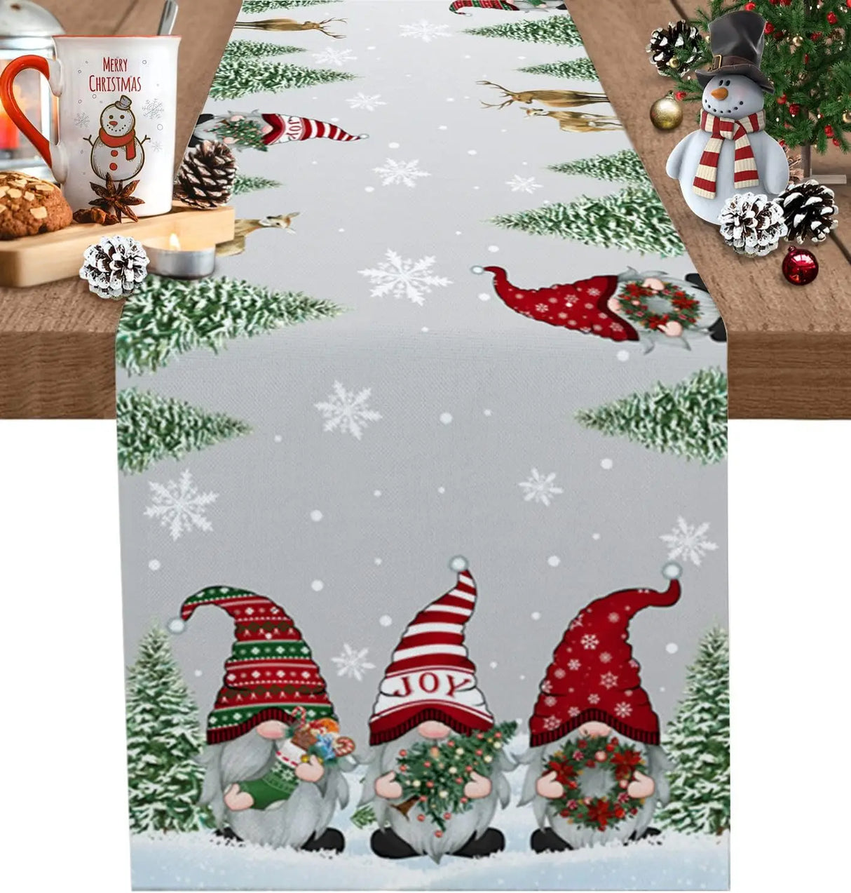 Christmas Snow Tree Gnomes Linen Table Runners Dresser