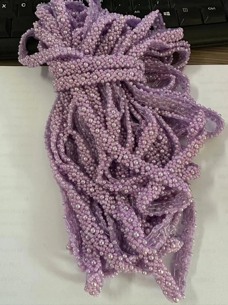 2Yards Pearl Beaded Lace Trim Mesh Lace Ribbon