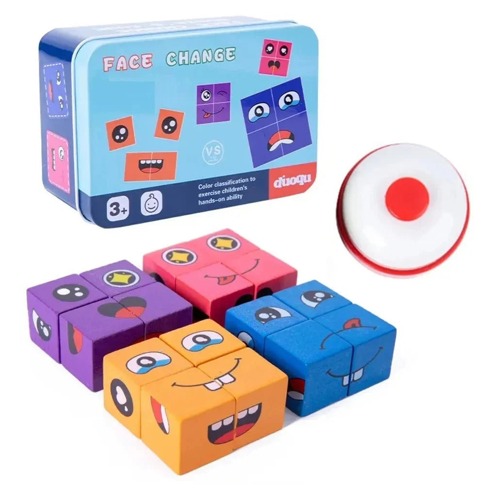 Wooden Face Changing Cube Toys Building Blocks Cartoon