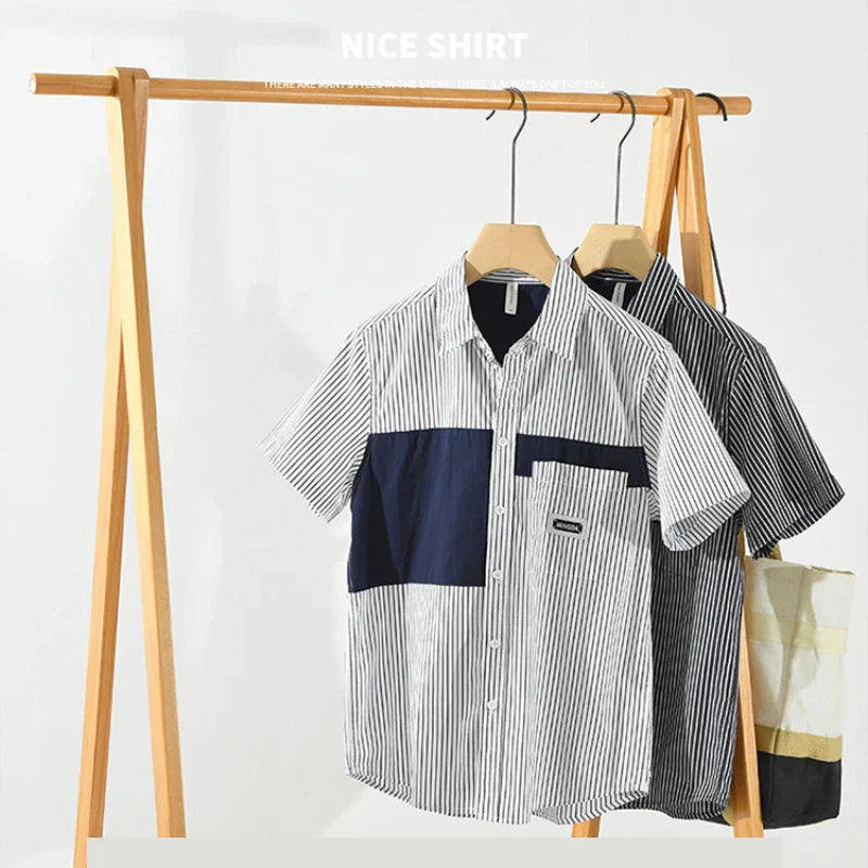 Summer New Striped Patchwork Shirt for Men Clothing