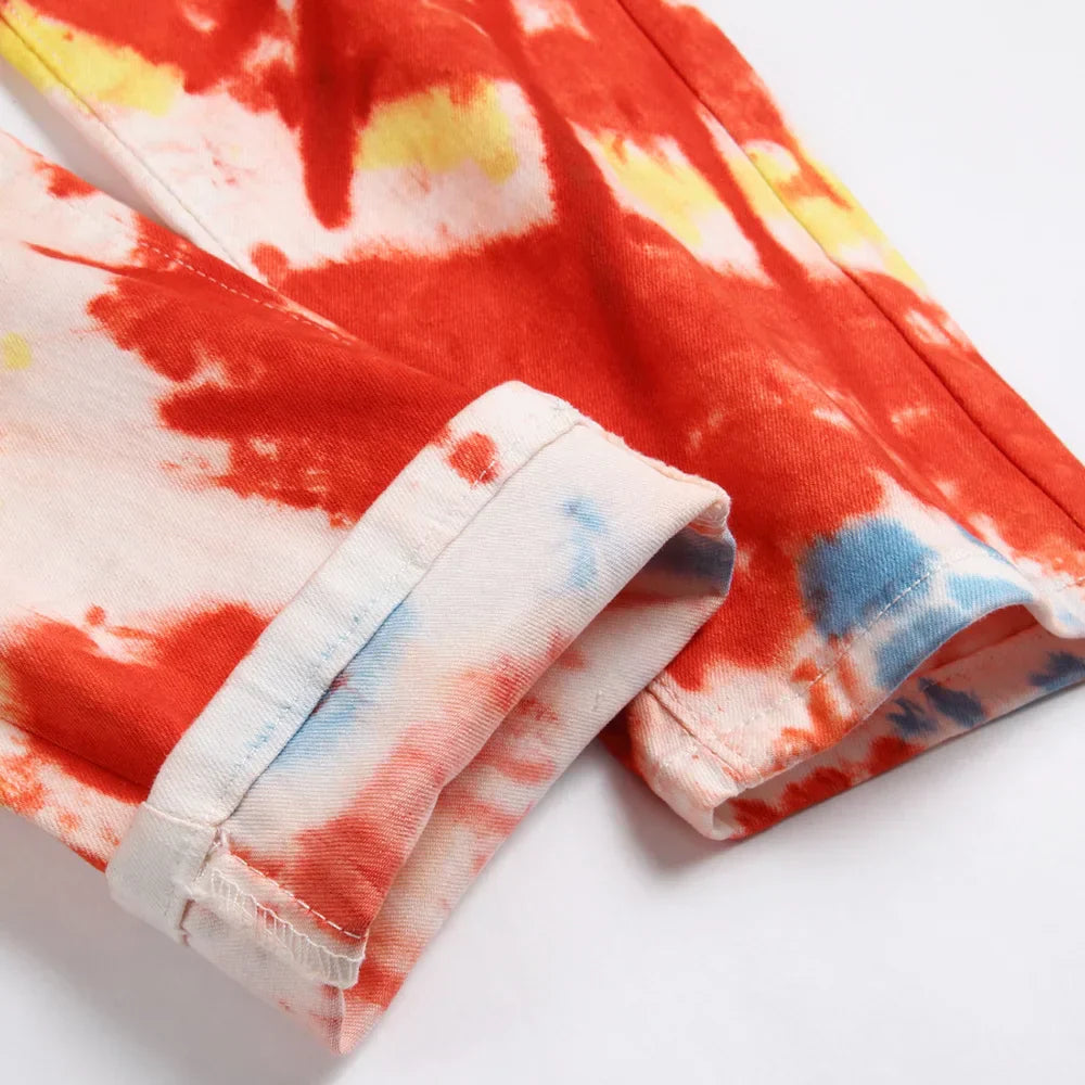 Men Tie Dye Stretch Denim Jeans Fashion Y2K