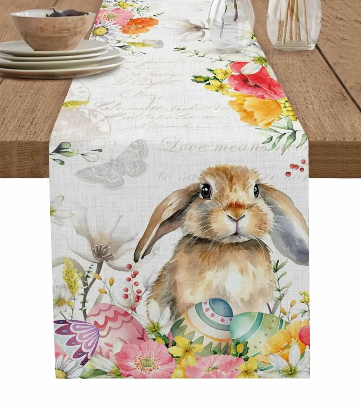 Easter Bunny Spring Flowers Linen Table Runner Washable