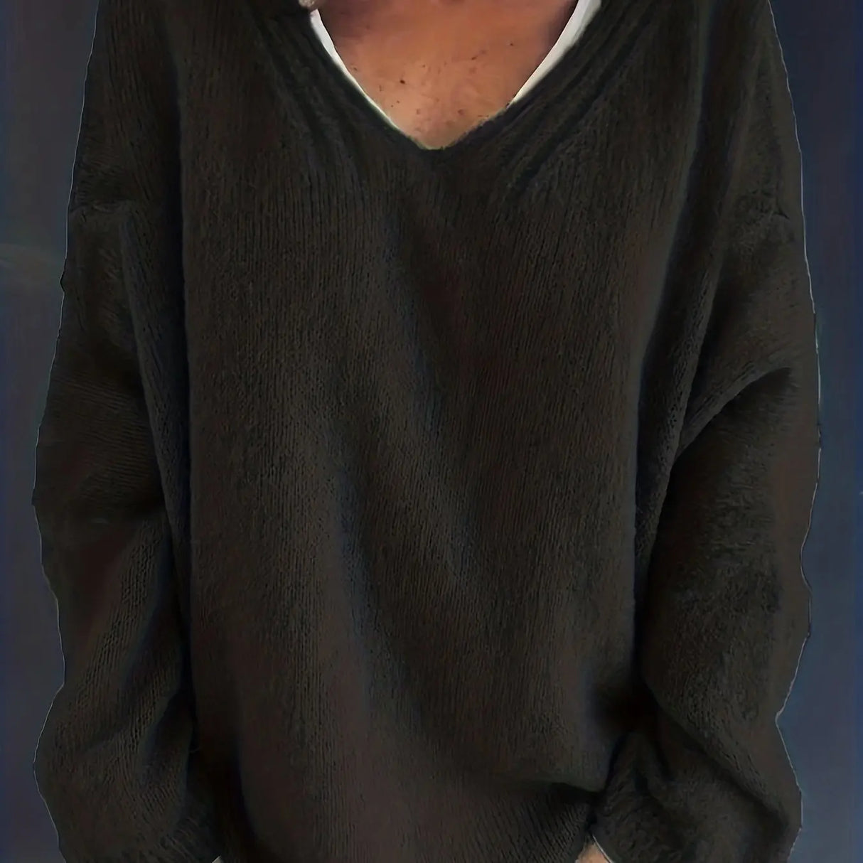 Plus Size Casual Sweater, Women's Solid Long Sleeve V Neck High Stretch Loose Fit Pullover Jumper,Autumn & Winter Tops