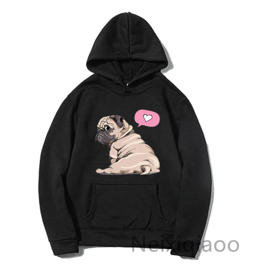 Plus Size Kawaii Cartoon Pug Dog Print Hooded