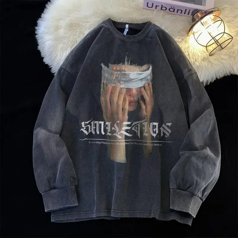 Men's Washed Black Sweatshirt Blindfold Portrait Print Long