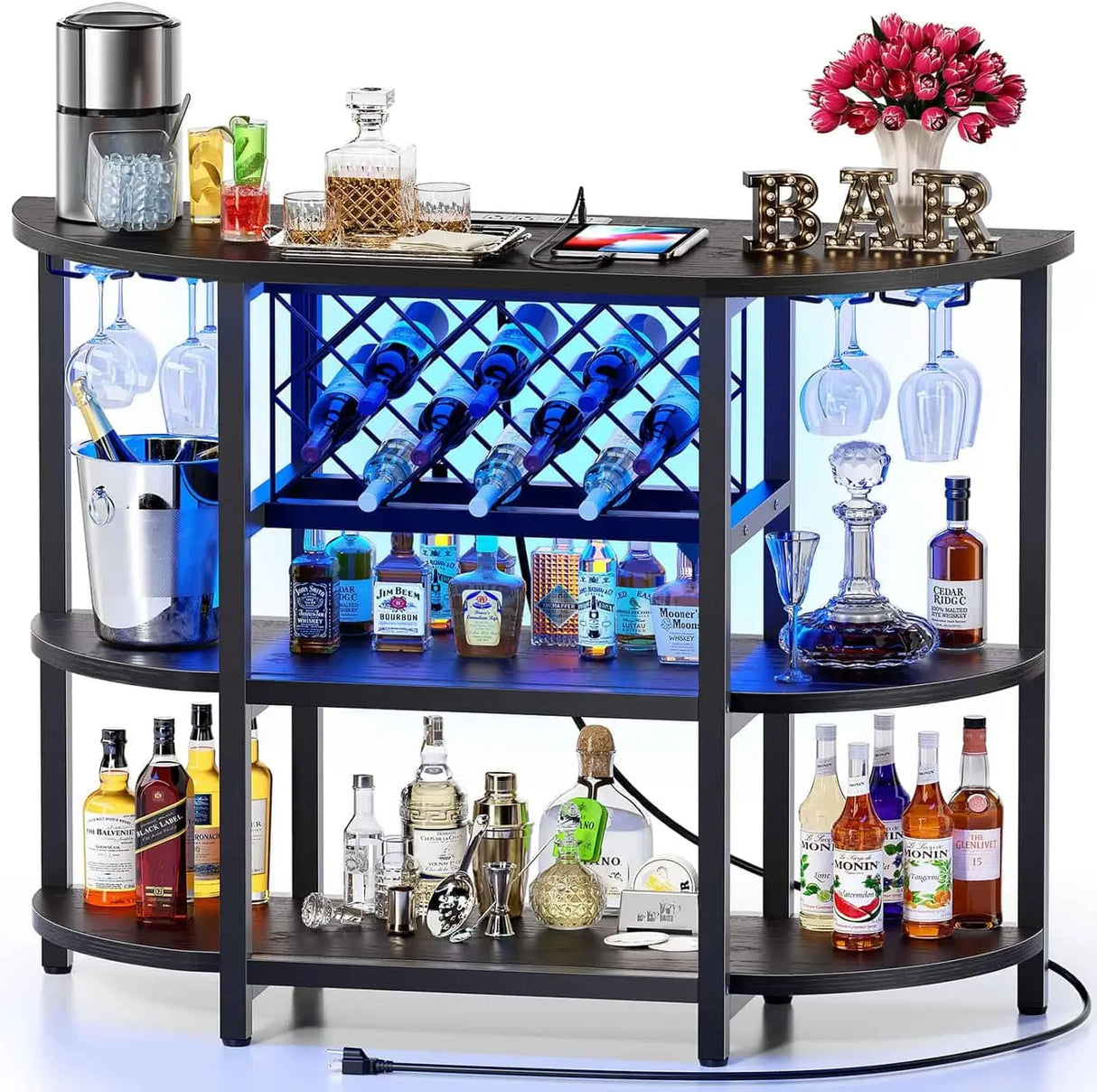 Bar Table Cabinet with Power Outlet, LED Home