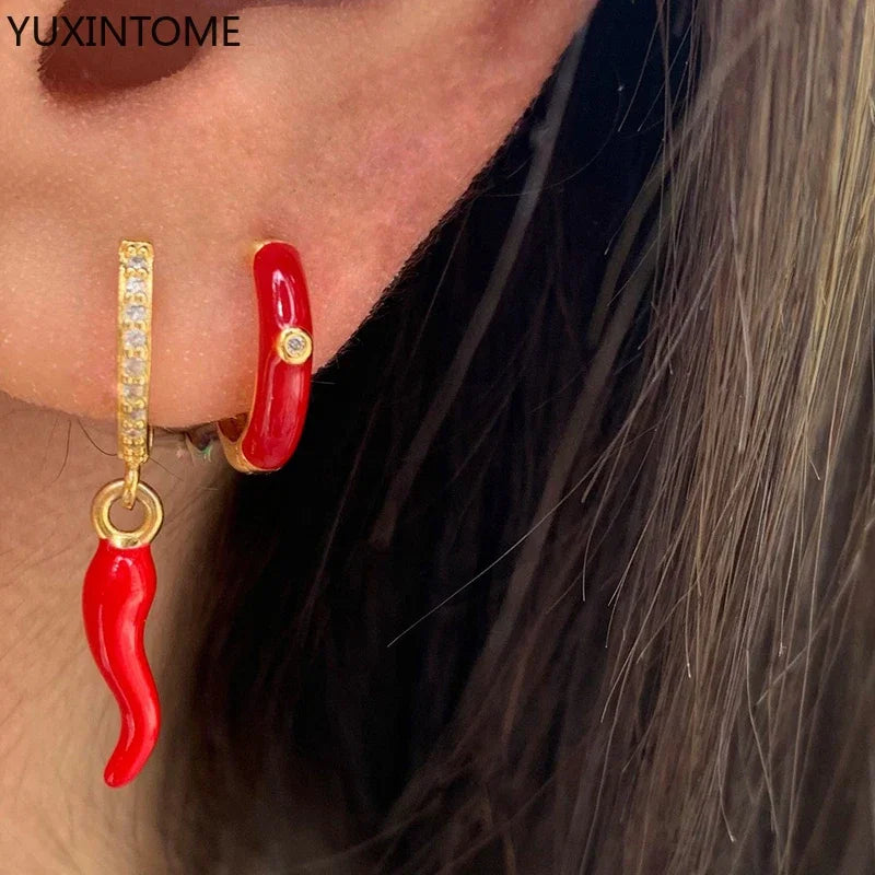 Yellow Red Small Chili Hoop Earrings For Women