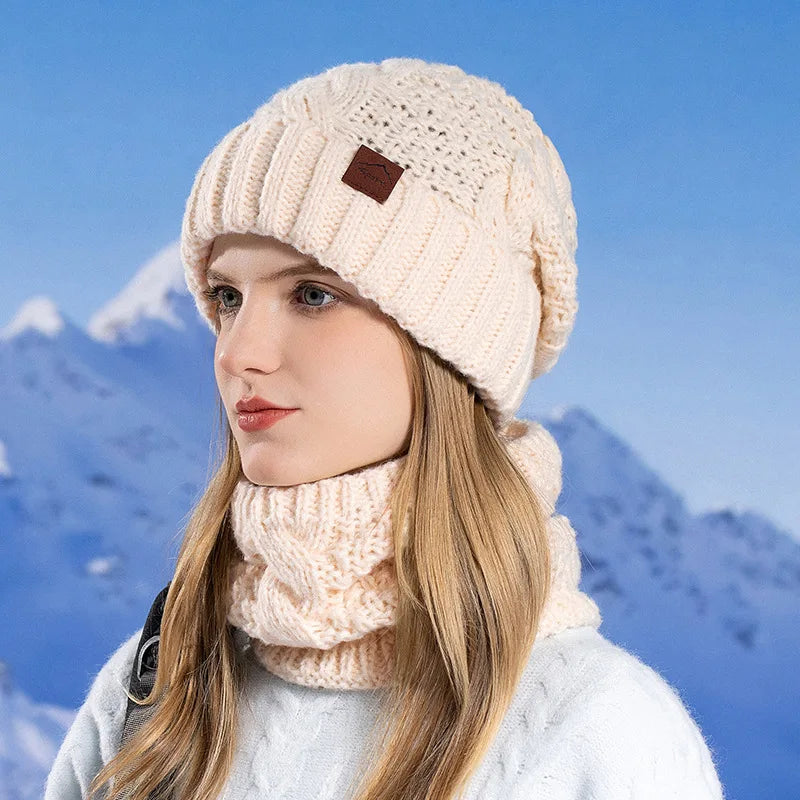 Women Fashion Winter Knitted Hat Scarf Set Fleece