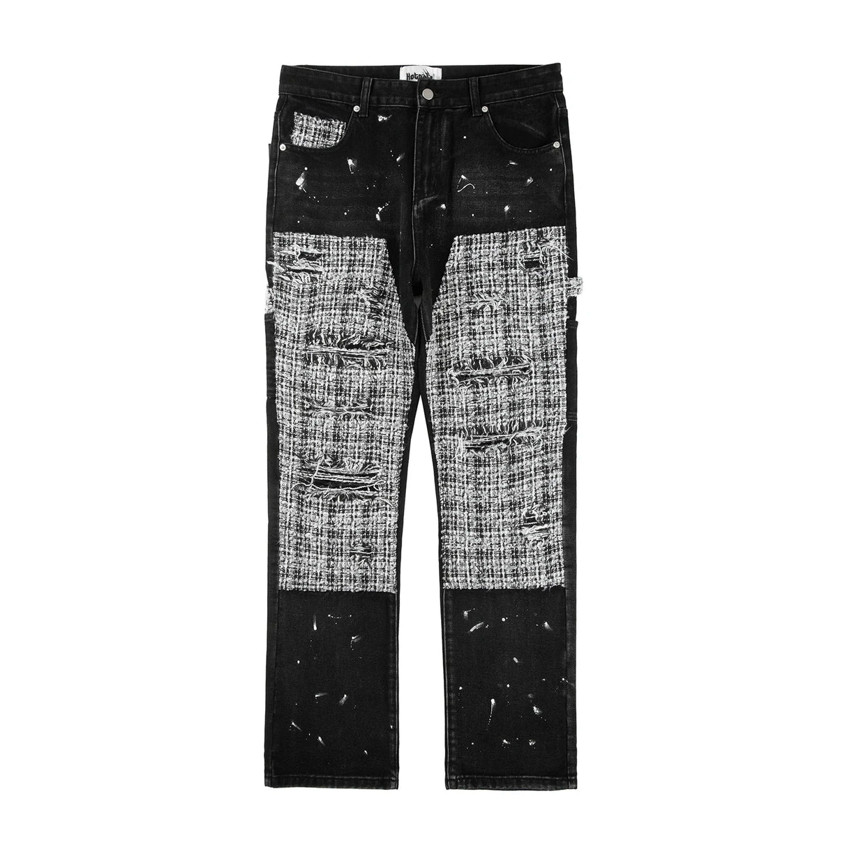 Black White Checkered Patchwork Straight Leg Denim Trousers