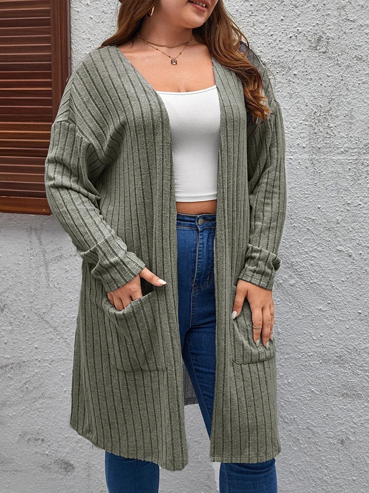 GIBSIE Plus Size Solid Rib Knit Open Front
