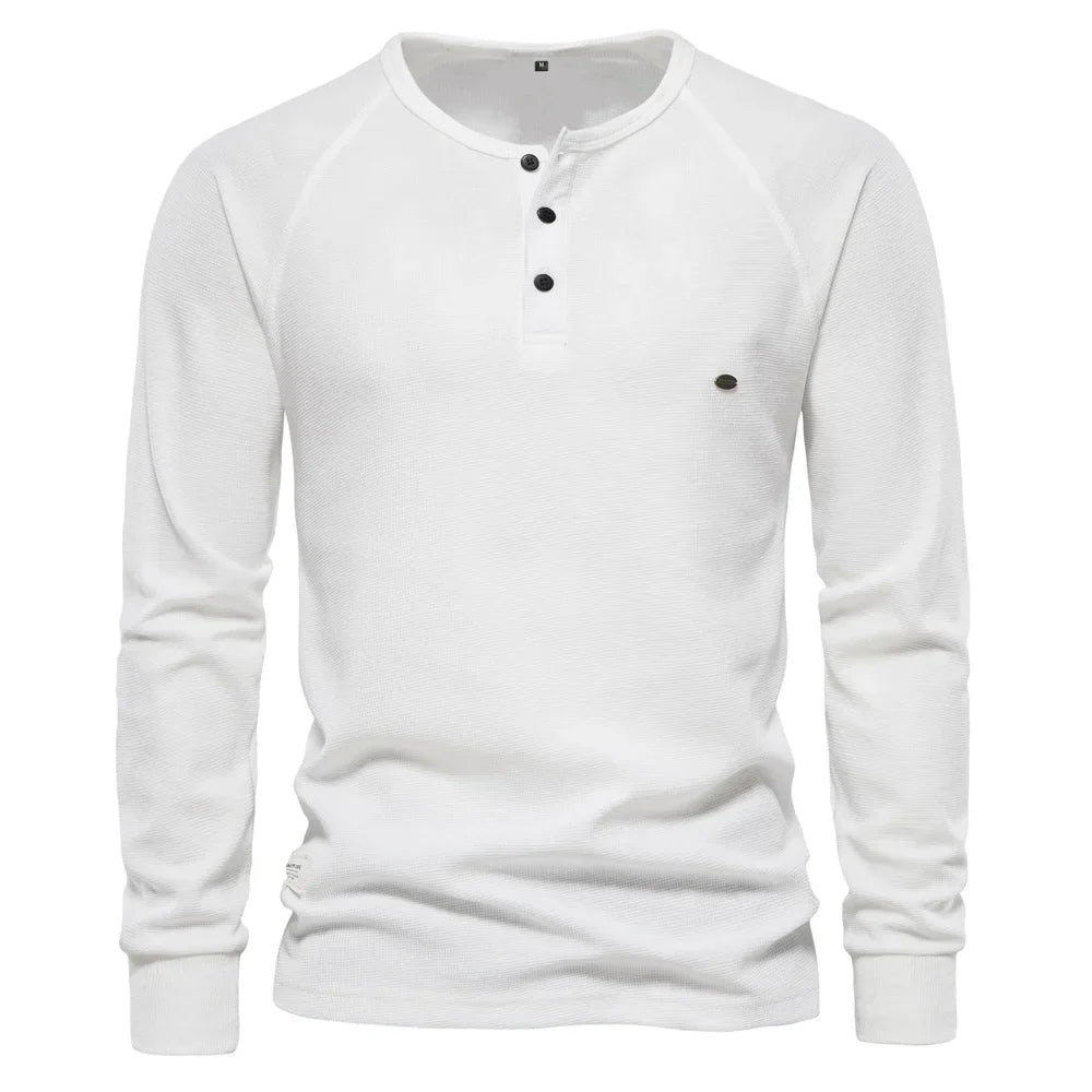 AIOPESON Waffle Henley T-Shirt Men Long Sleeve Basic