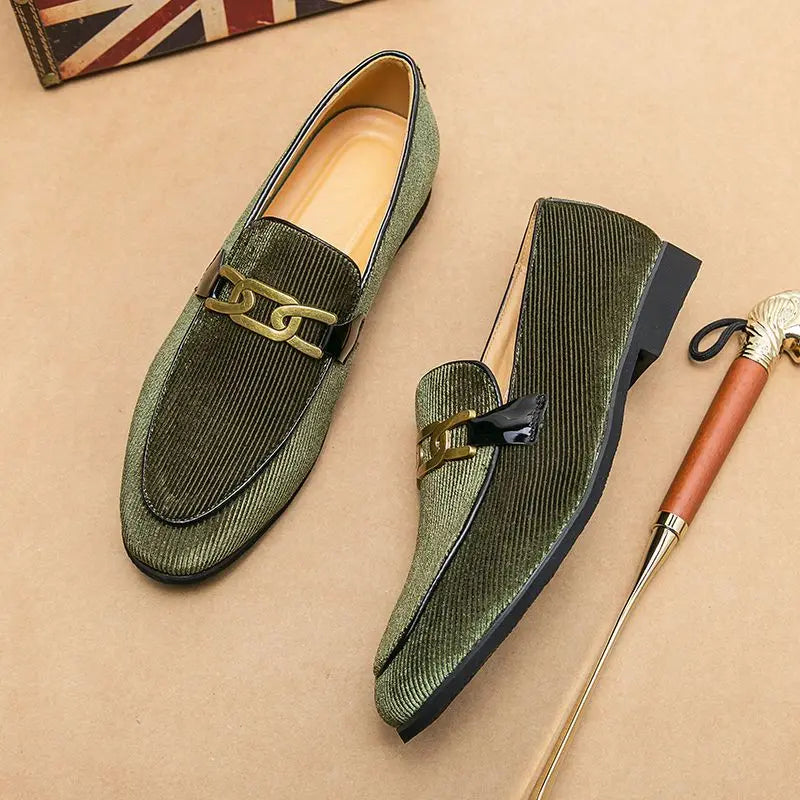 New Men Black Green Metal Buckle Corduroy Oxfords