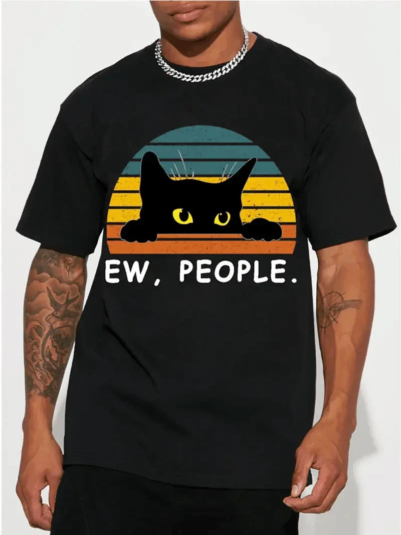 Men's Casual Fashion Black Cat Print Cotton T-shirt,