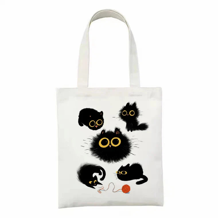 Women Canvas Bag Funny Black Cat Print Female Reuseable Shopping Totebags Girls Students School Bookbags