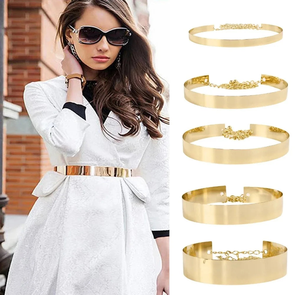 Women Fashion Adjustable Metal Belt Gold Silver Wide