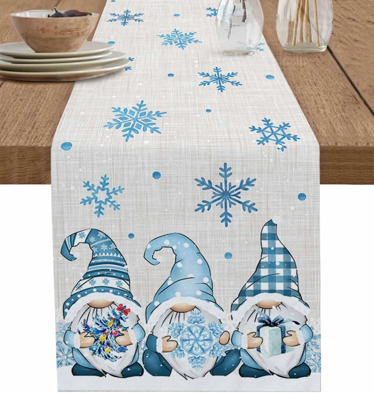 Christmas Blue Gnomes Winter Snowflake Linen Table Runners