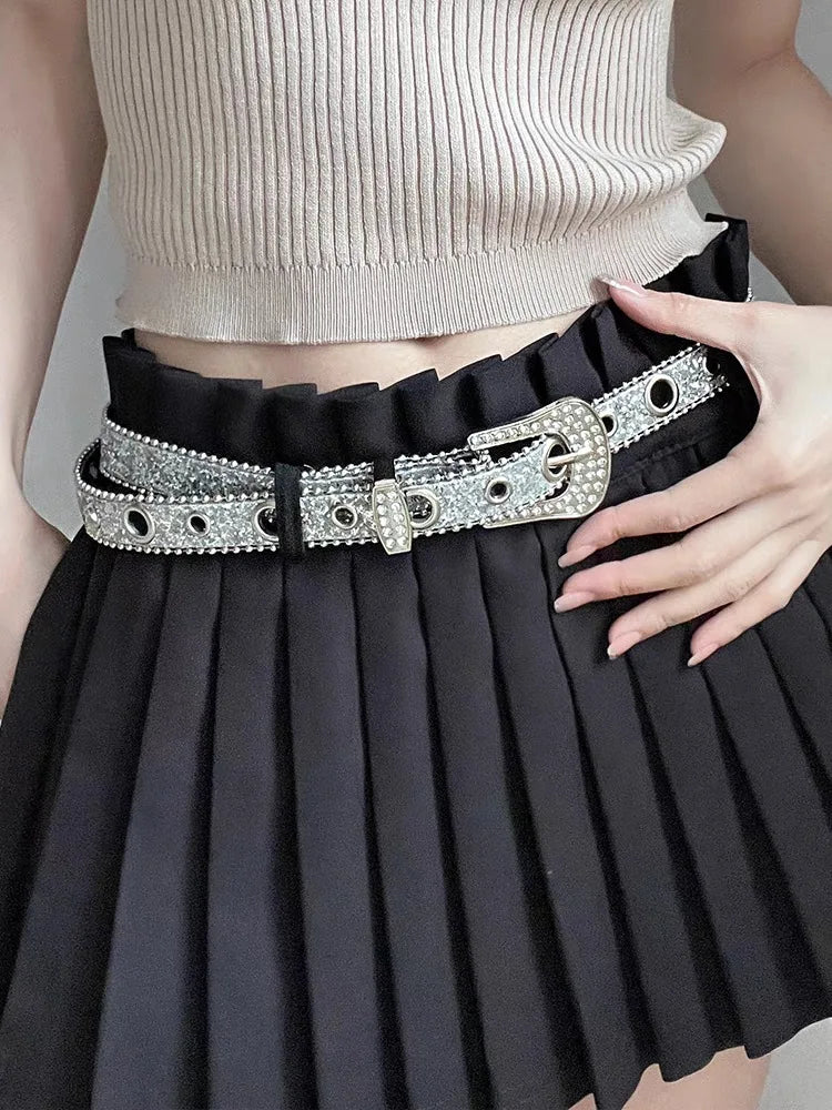 Goth for rhinestone Belts Women PU Leather Strap