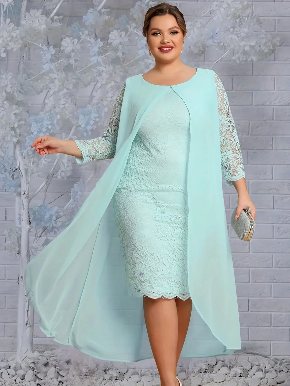 Plus Size Floral Jacquard Long Sleeve Layered Midi