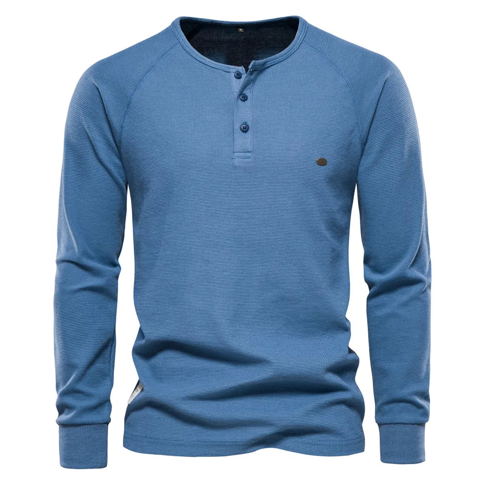 AIOPESON Waffle Henley T-Shirt Men Long Sleeve Basic