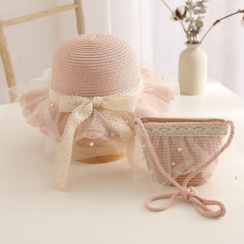 Kids Girls Straw Hat Handbag Set Wide Brim Lace Bow Sun Protection Cap Summer Beach Bucket Cap Portable Handbag панама Gorras
