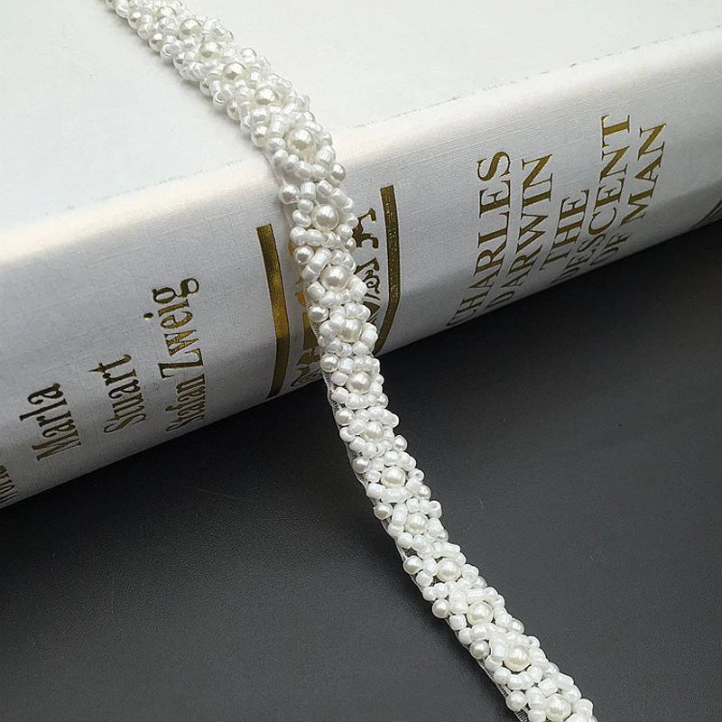 2Yards Pearl Beaded Lace Trim Mesh Lace Ribbon