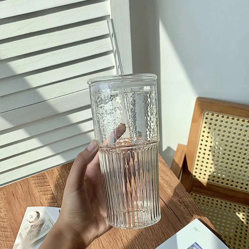 600ml Ins Stripe Glass Cup With Lid and