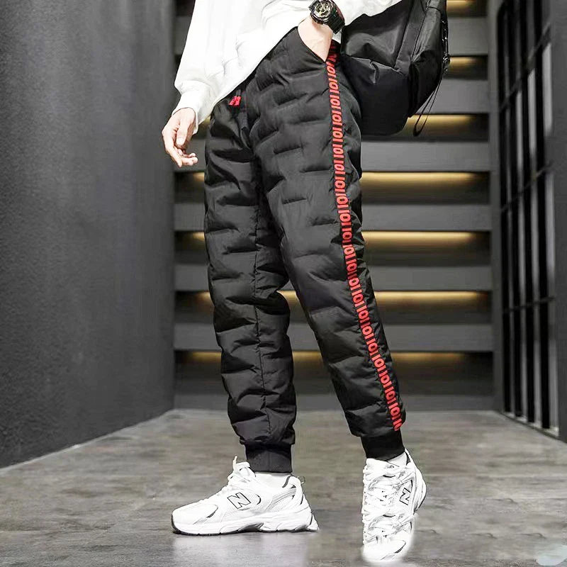 Down Padded Men's Pants Drawstring Warm Padded Sweatpants