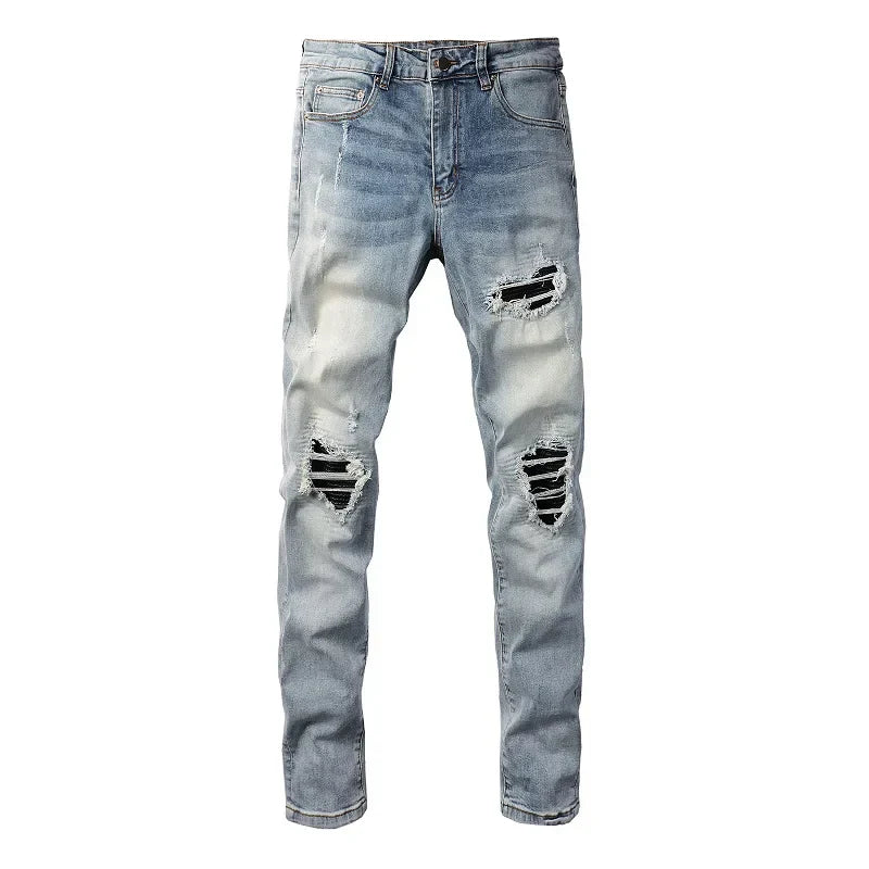 Men Leather Patches Denim Jeans Streetwear Holes Ripped