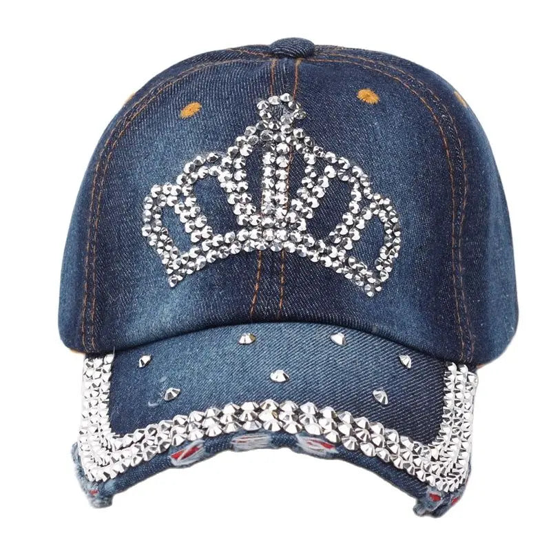 Women Bling Tiara Distressed Denim Baseball Cap Rhinestones