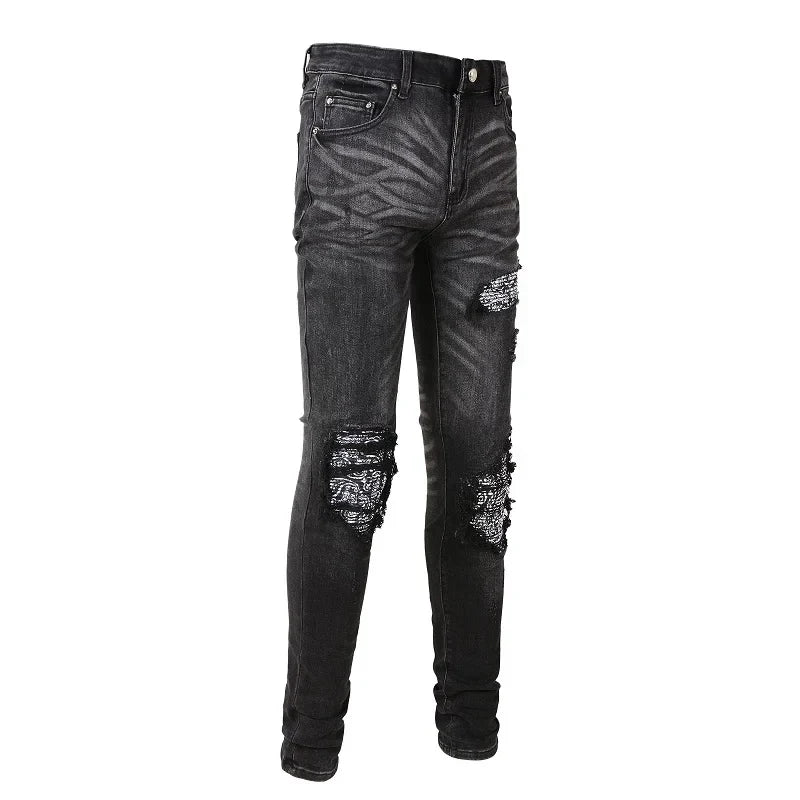 Men Bandanna Paisley Print Patch Jeans Streetweat Patchwork