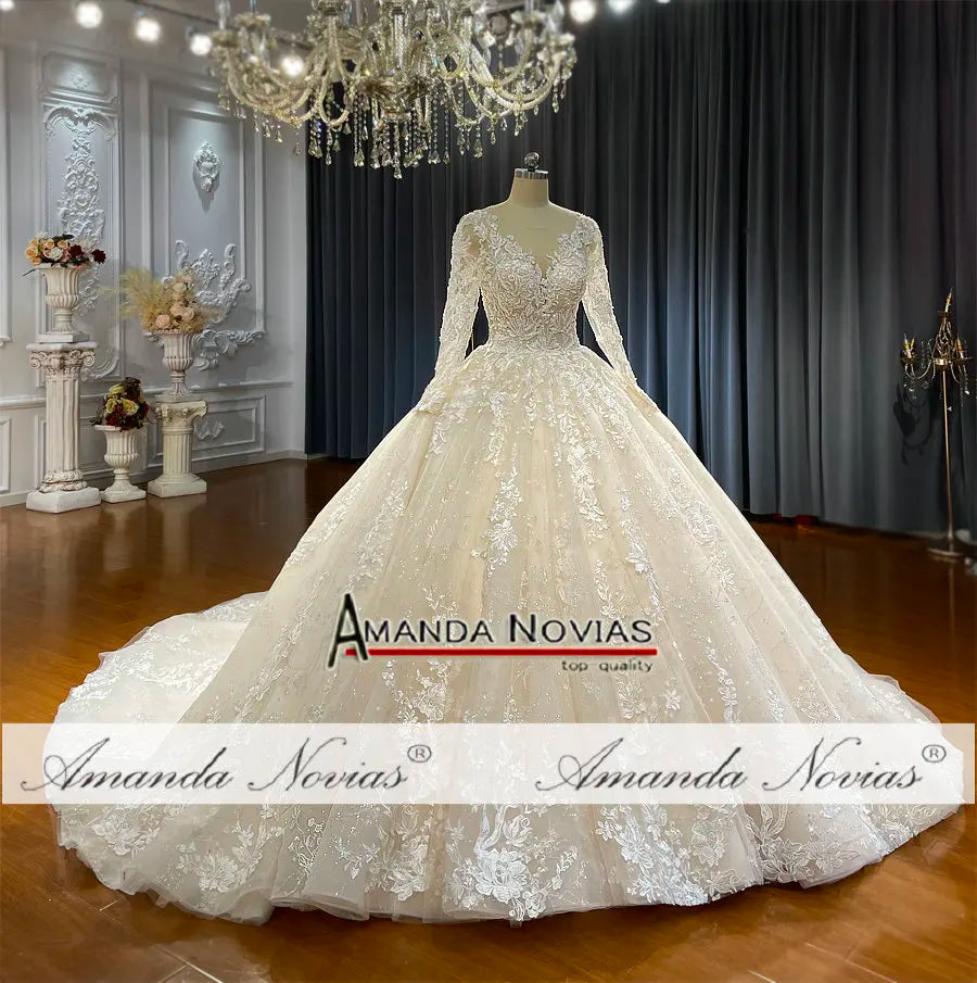 NS4667 Champagne Color Full Lace Wedding Gown With