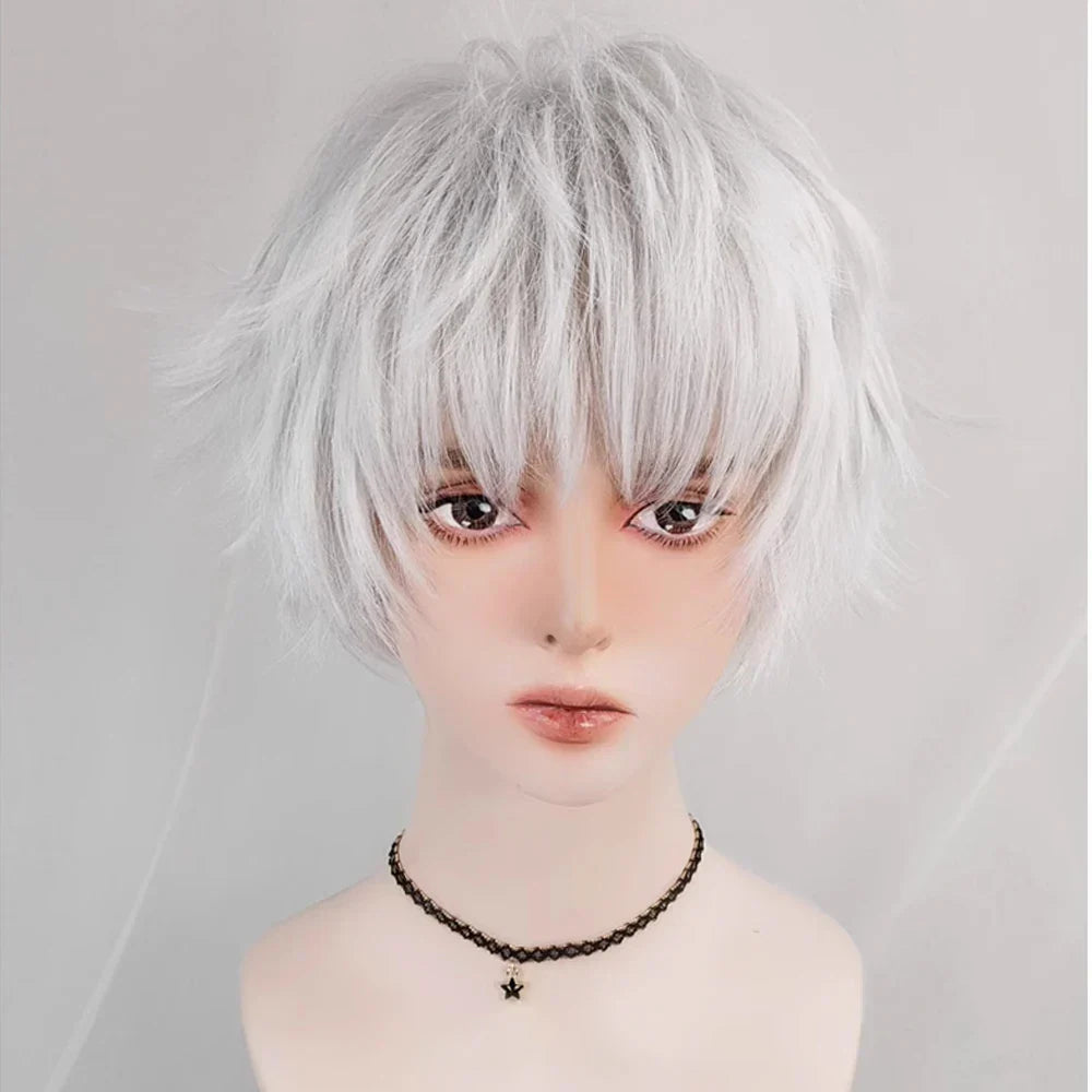 RANYU Synthetic Short Silver White Straight Curly Wigs
