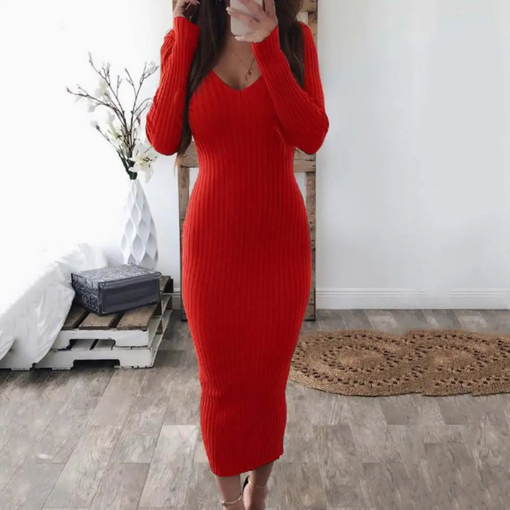 Sexy Backless Bodycon Long Sleeve Dress Slim Midi