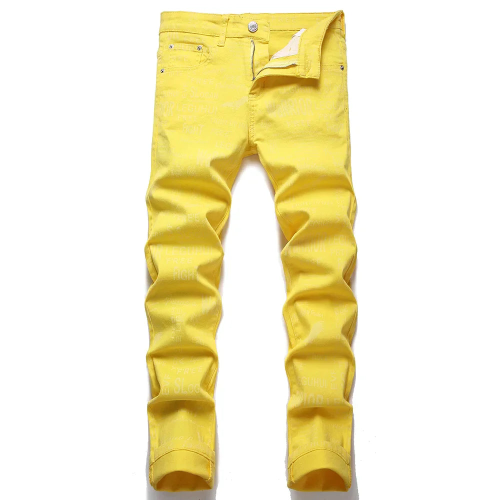 Men Letters Eagle Print Stretch Denim Jeans Y2K