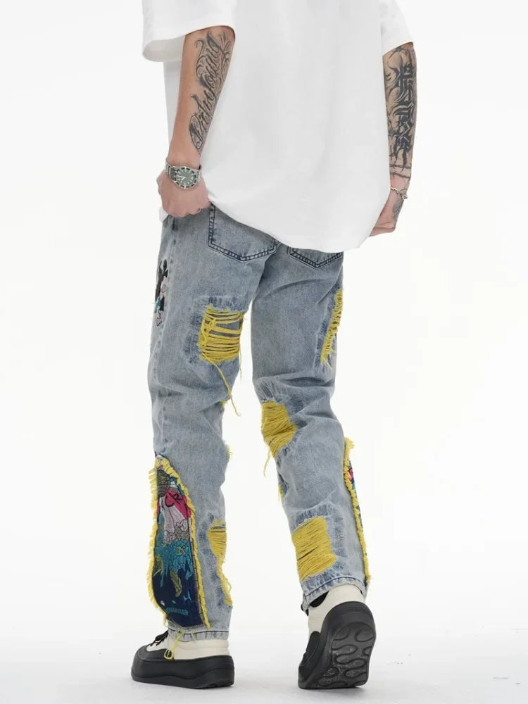 Chinese Painting Embroidered Patch Denim Ripped Jeans