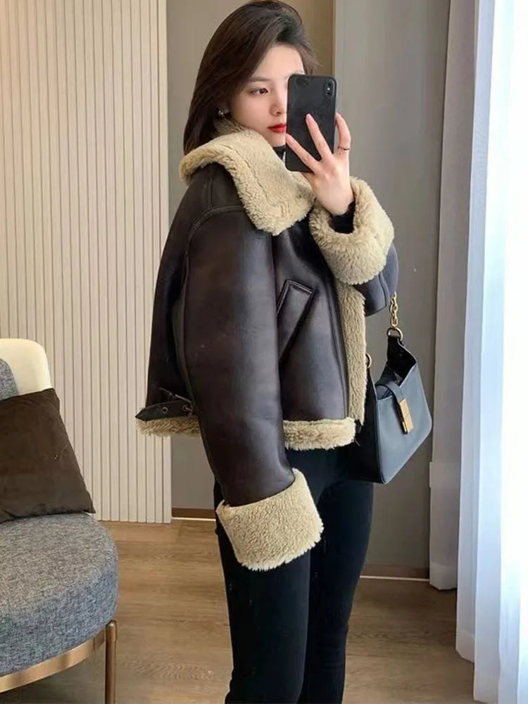 Winter Warm Waterproof Sheepskin Lamb Coat Thick Loose