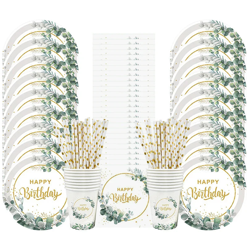 85Pcs Green Eucalyptus Leaf Disposable Tableware Set Paper