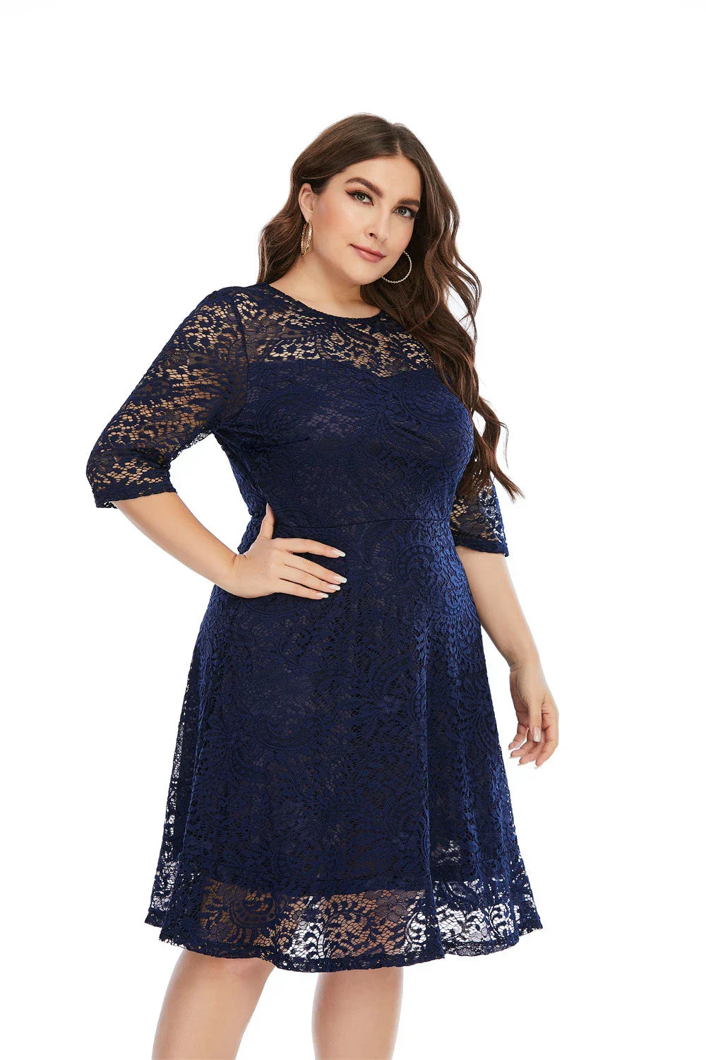 Plus Size Contrast Lace Semi Sheer 3/4 Sleeve