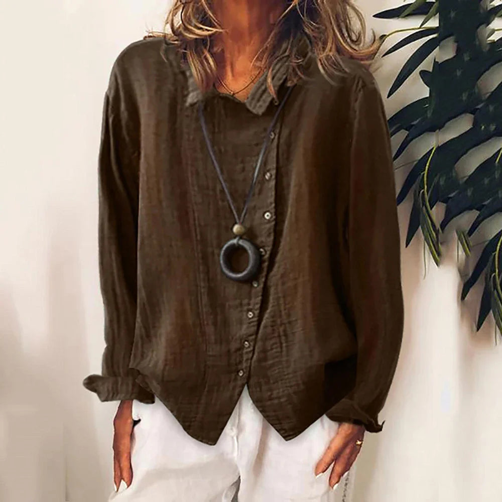 Womens Cotton Solid Long Sleeve Blouse Tops Baggy