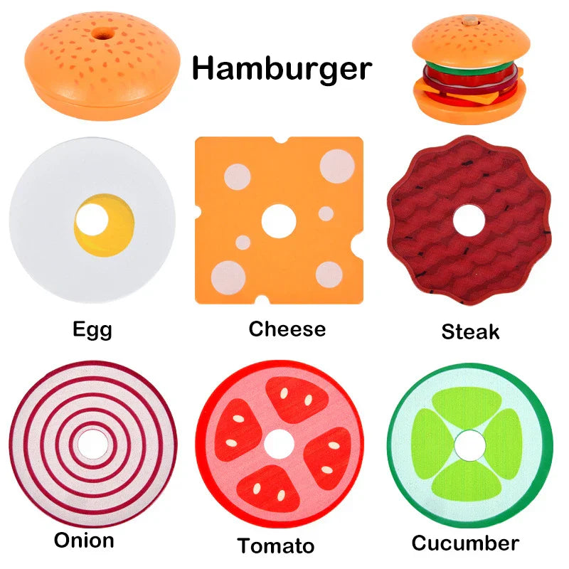 Montessori Toy For Kids,Wooden Hamburger Sandwich French Fries