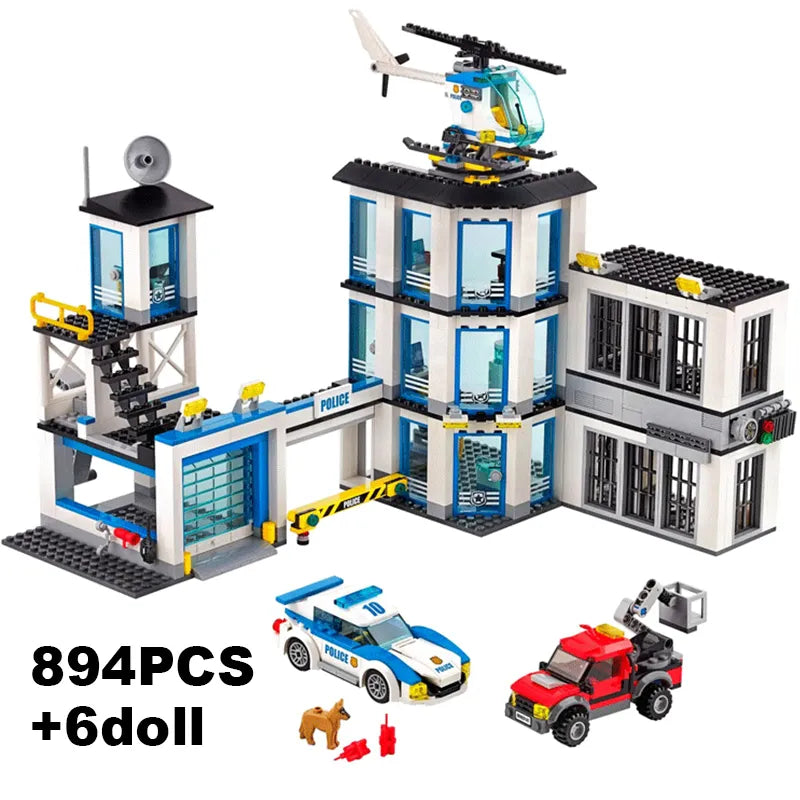 City Police Station Guard Building Blocks Helicopter Car