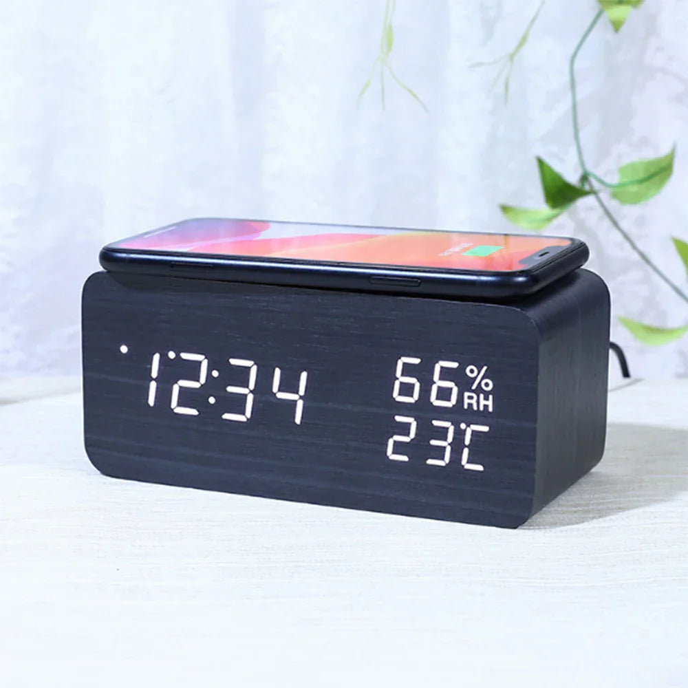 Wood Grain Digital Alarm Clock With Wireless Charging