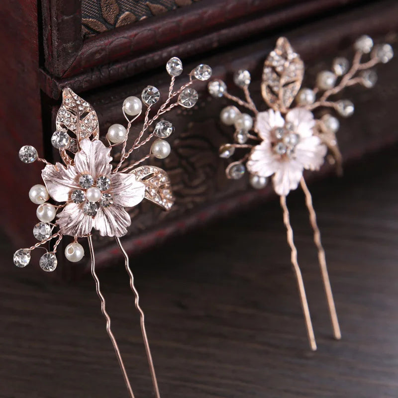 U-shaped Pearl Hairpin Hair Clips Golden Leaf Side