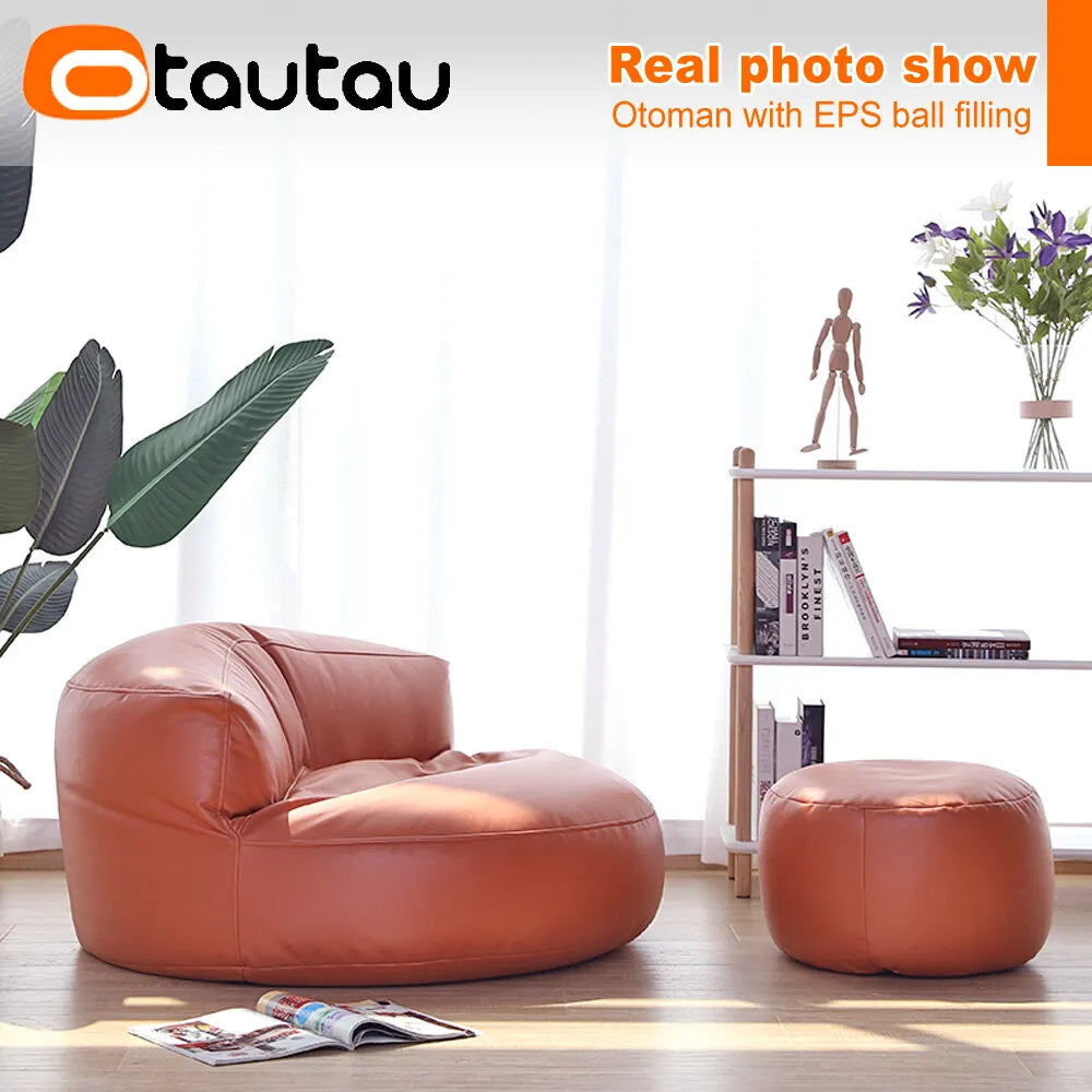 OTAUTAU Small Round Faux Leather Ottoman Stool Beanbag