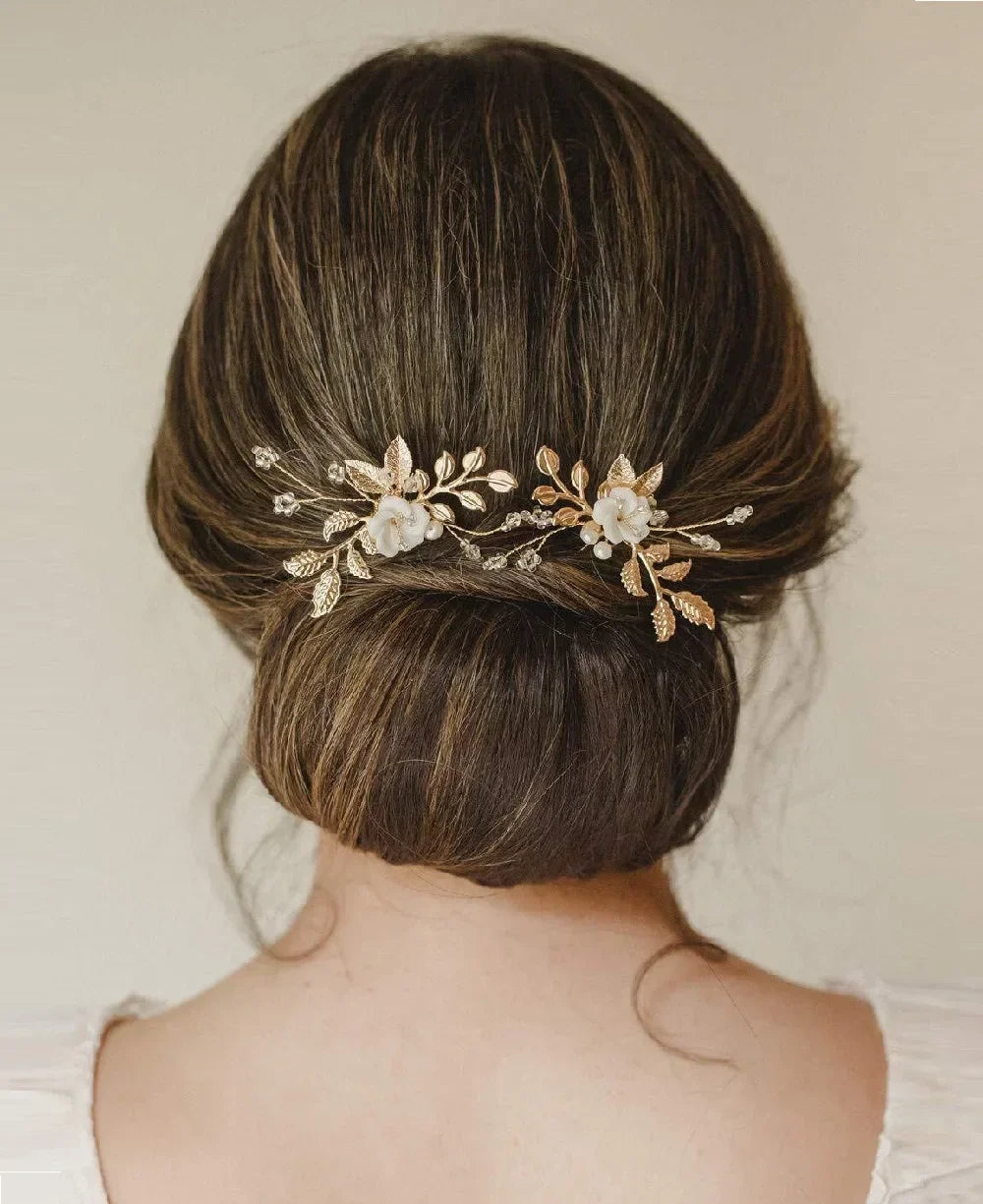 U-shaped Pearl Hairpin Hair Clips Golden Leaf Side