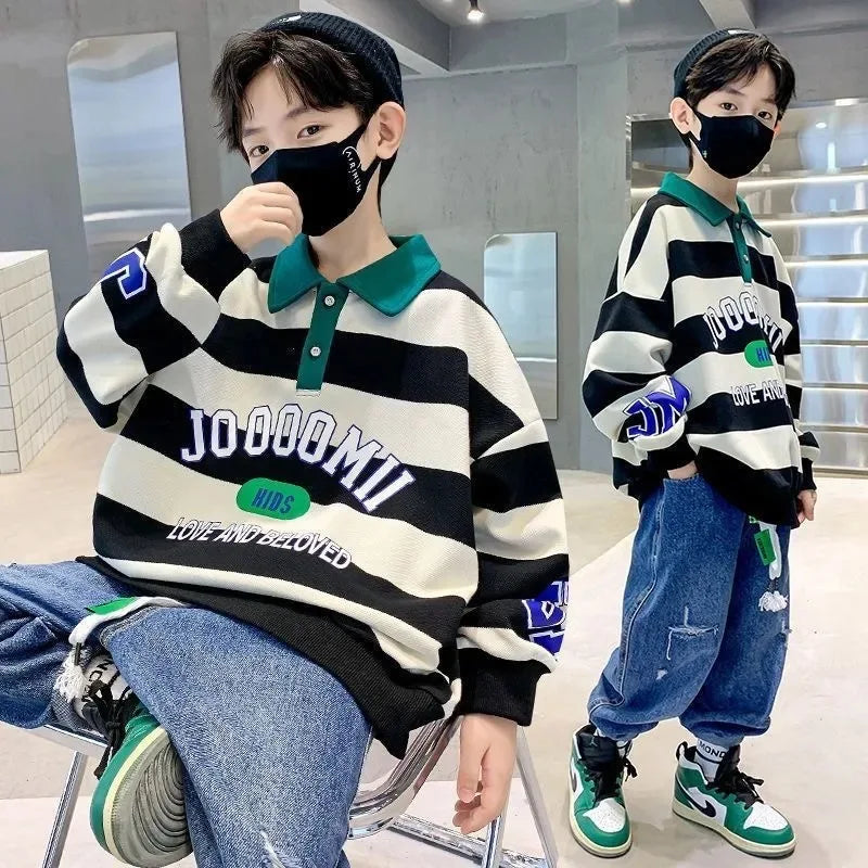 Spring Autumn Boys Cotton Contrast Striped Alphabet Turtleneck